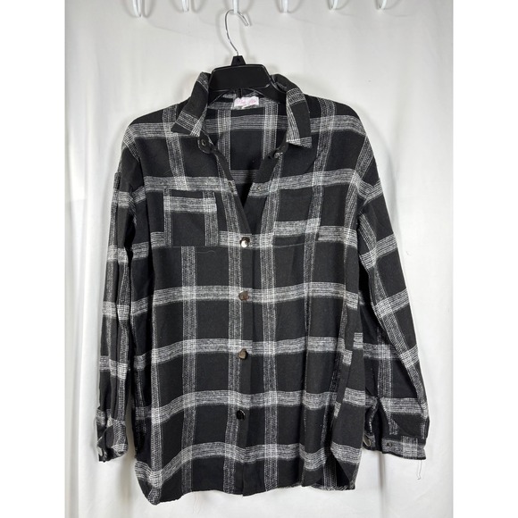 Pink Lily Tops - Pink Lily Black White Plaid Button Down Shirt Long Sleeve Pockets ISPT114 Large